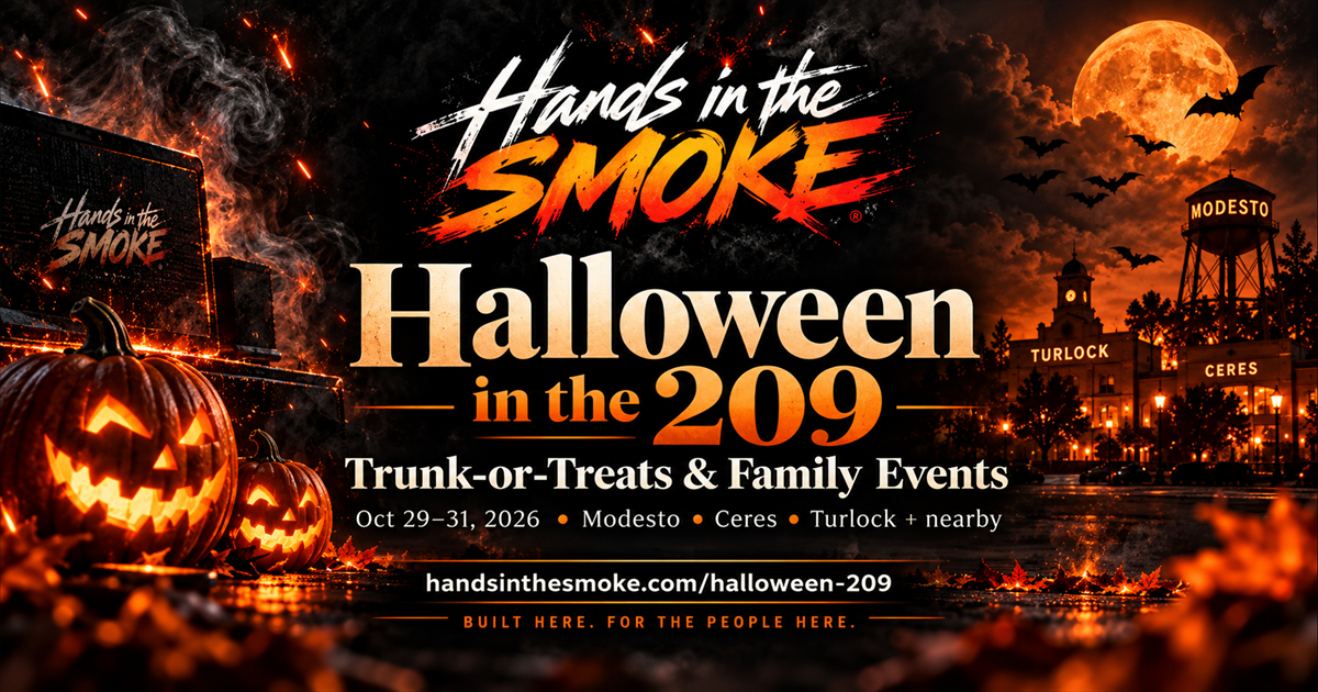 Halloween in the 209: HITS smoke-and-embers artwork with pumpkins and Central Valley landmarks