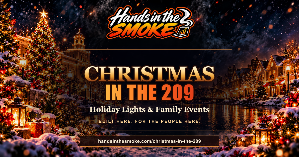 Hands in the Smoke Christmas in the 209 campaign artwork with illuminated tree and neighborhood