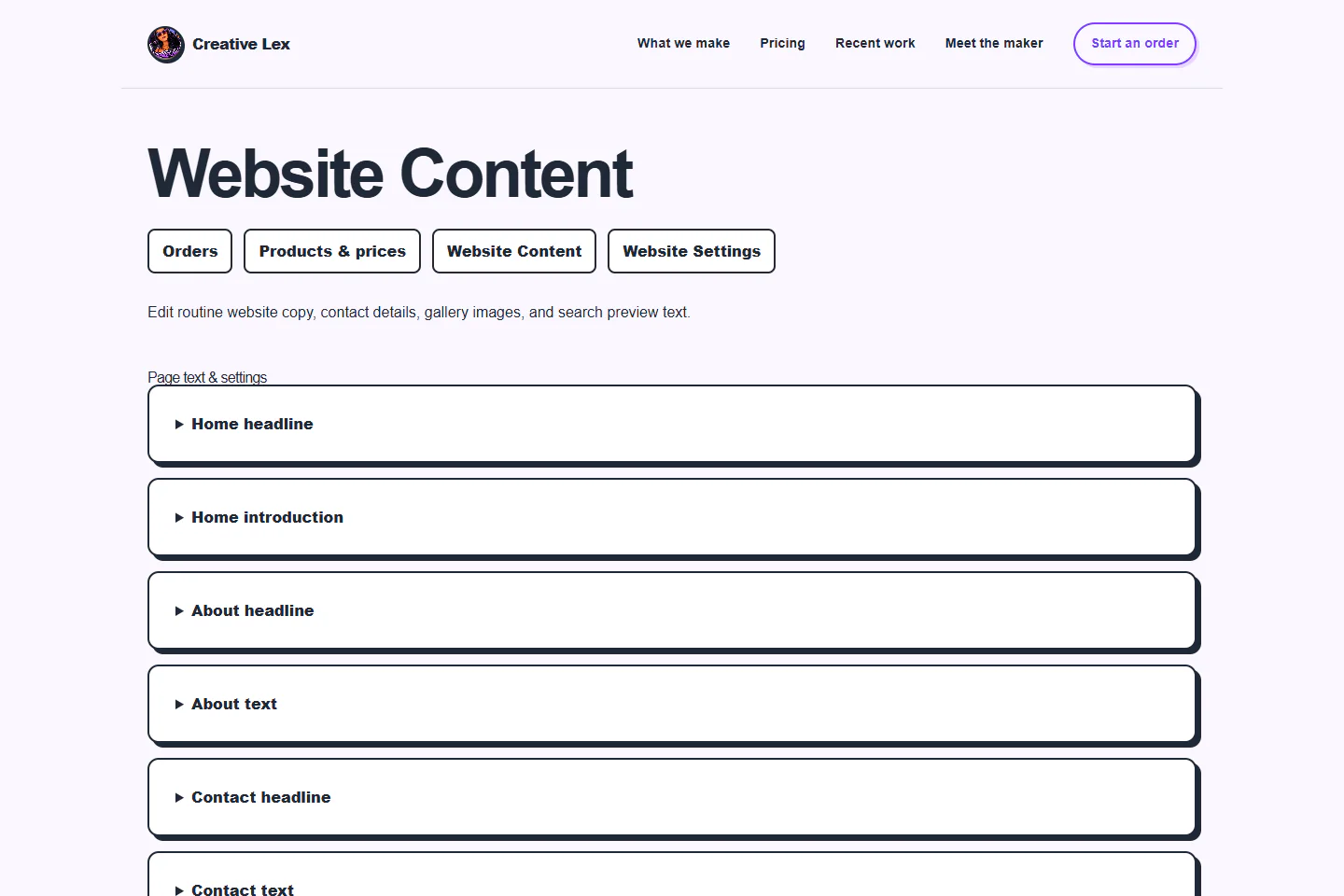Privacy-safe Creative Lex Website Content Admin showing editable public-site content areas