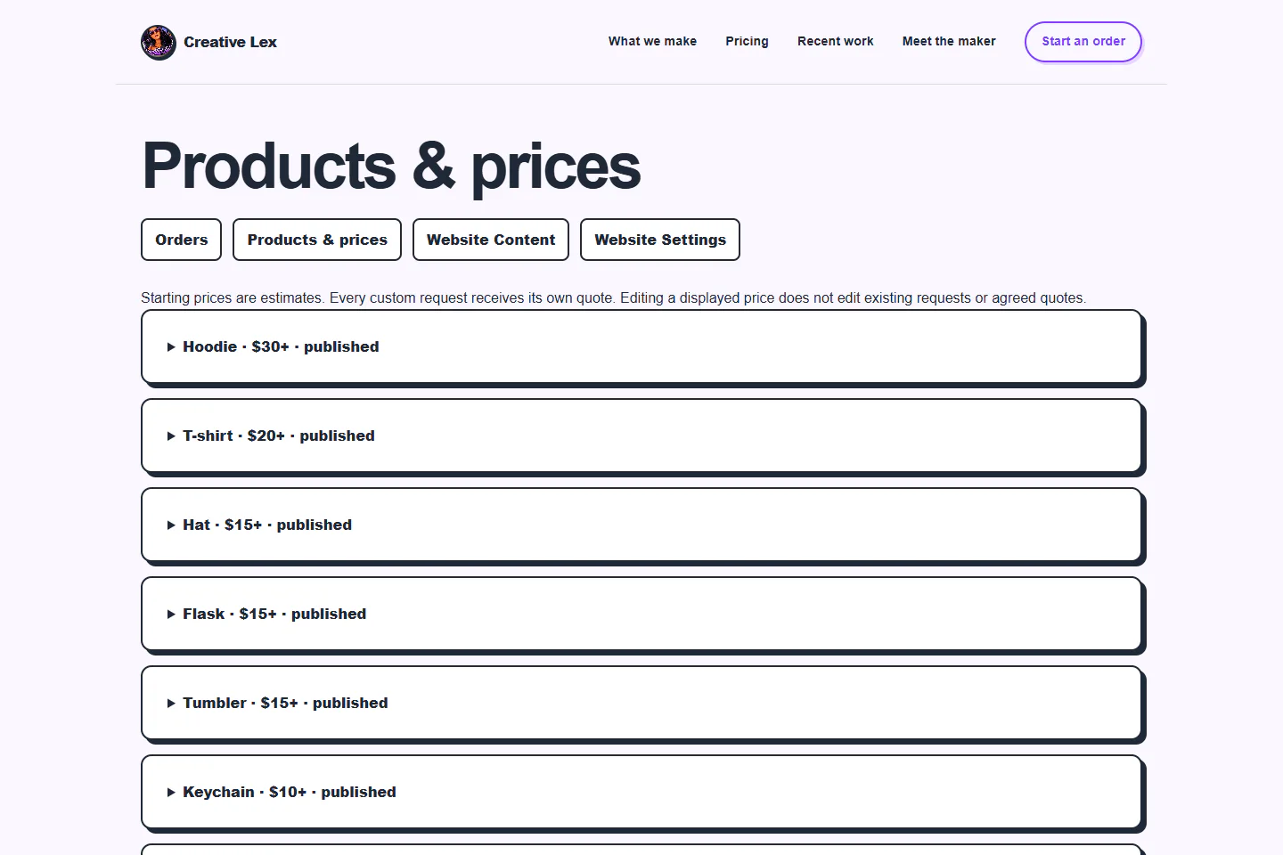 Privacy-safe Creative Lex Products and prices Admin showing product names, starting prices, availability, publishing status, and display ordering