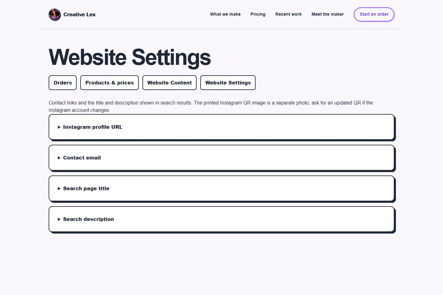 Privacy-safe Creative Lex Website Settings Admin showing contact, social, and search-preview controls