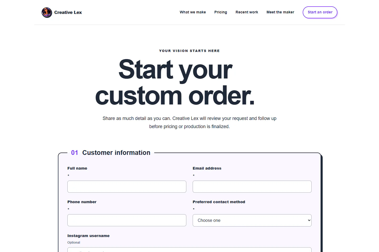 Current Creative Lex custom-order form with customer and project-detail fields empty