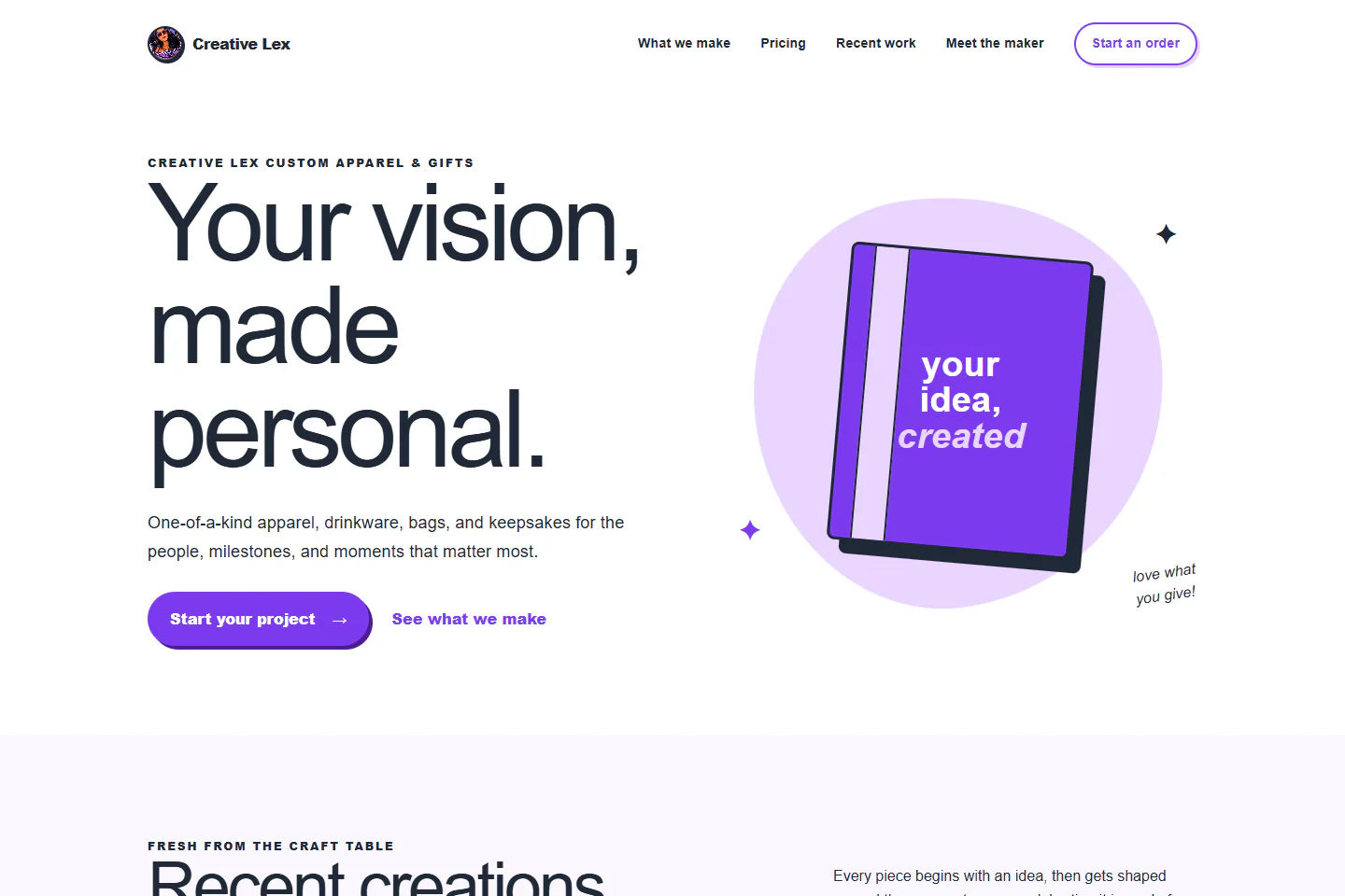 Current Creative Lex homepage with branded navigation, product photography, and custom-project calls to action