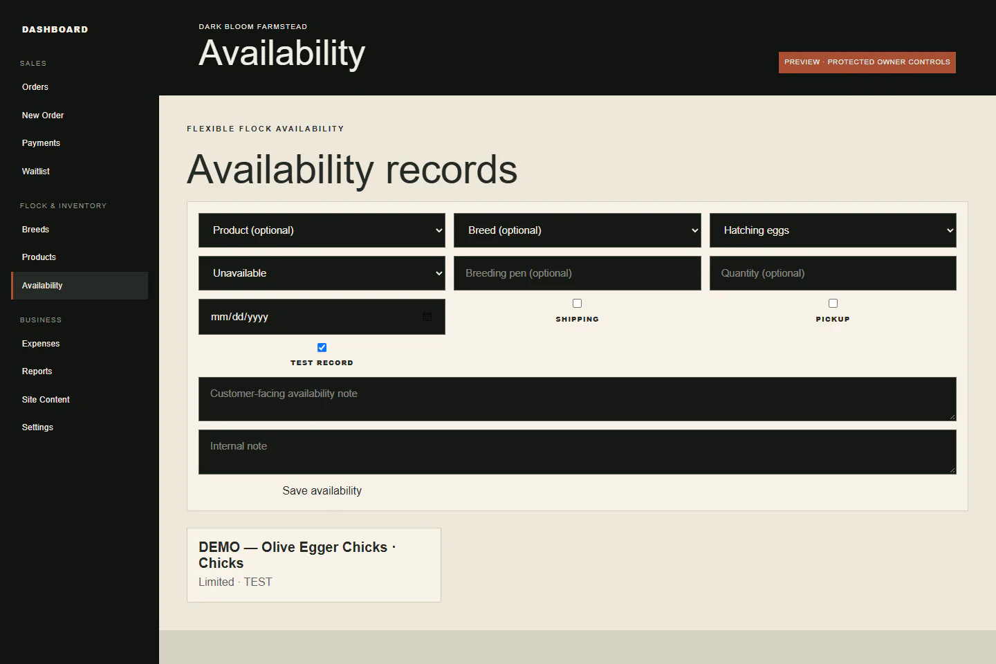 Privacy-safe Dark Bloom availability management screen with demo product status and customer-facing note controls