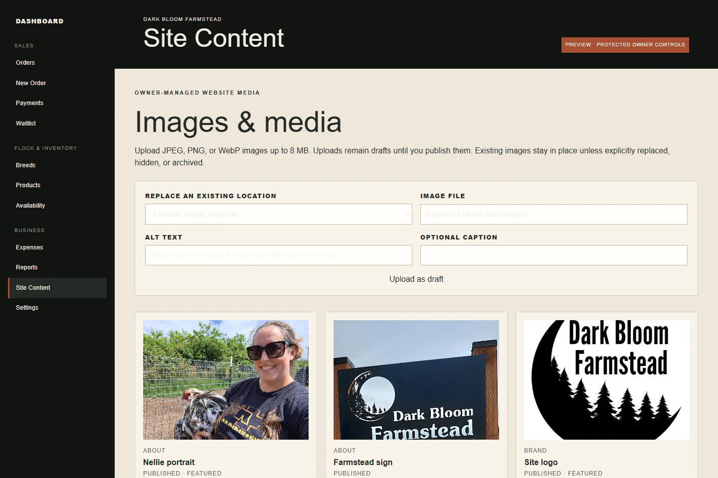 Privacy-safe Dark Bloom website content editor showing public farmstead copy and imagery