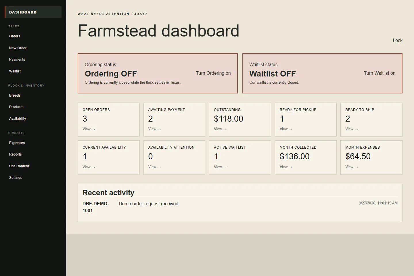 Privacy-safe Dark Bloom owner dashboard with clearly labeled demo summaries