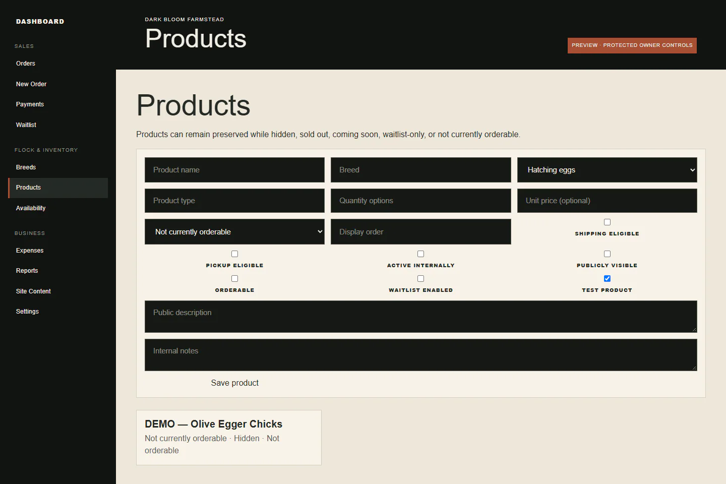 Privacy-safe Dark Bloom Products Admin for managing products and breeds in demo mode