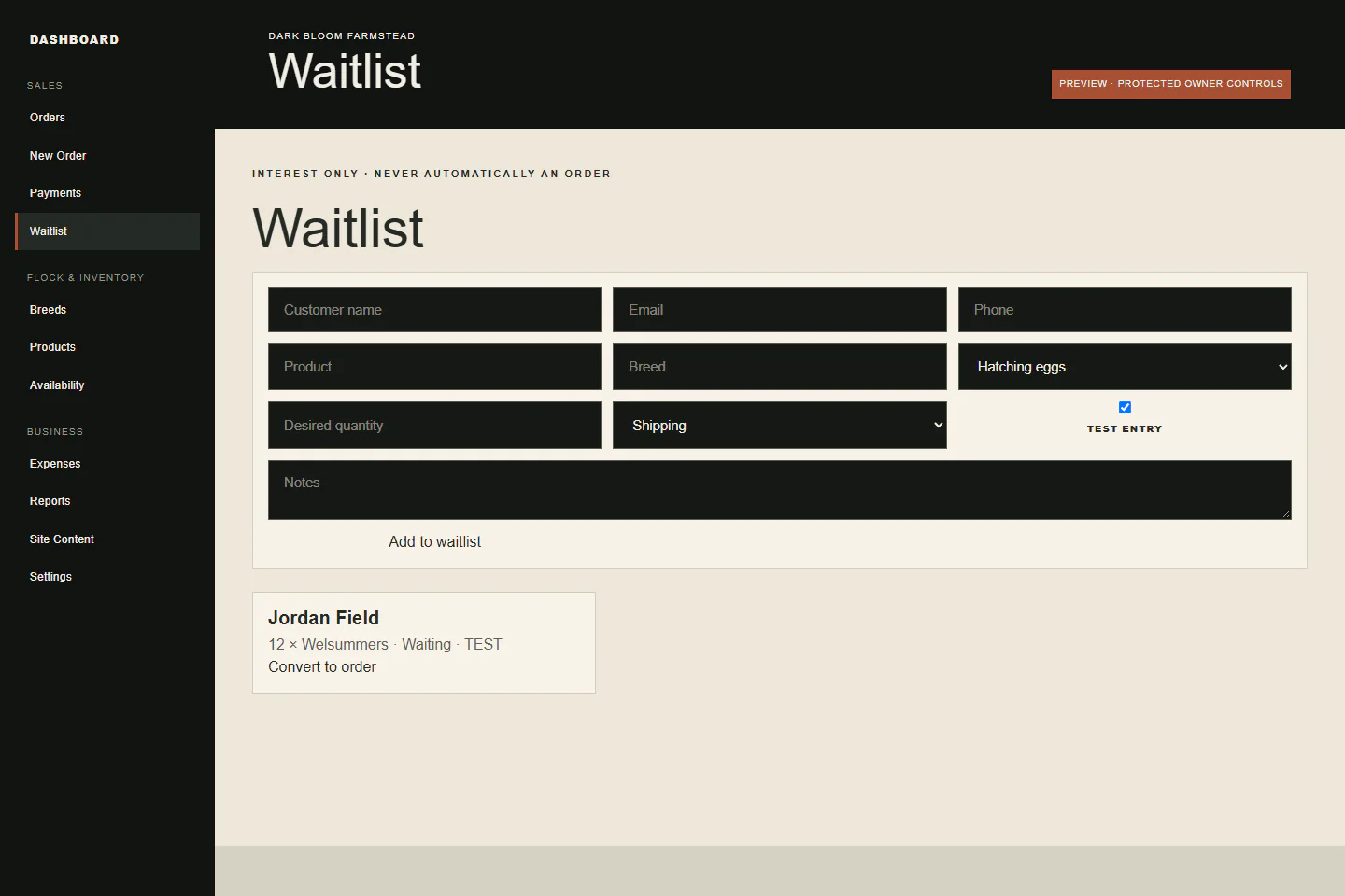 Privacy-safe Dark Bloom demo waitlist screen showing fictional test data without subscriber contact details