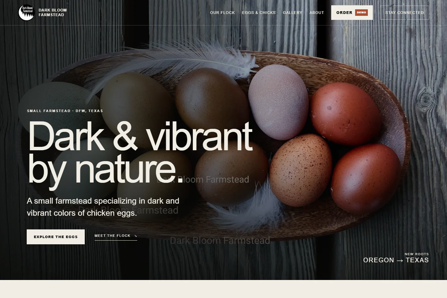 Current Dark Bloom Farmstead homepage with naturally colored eggs and the heading Dark and vibrant by nature