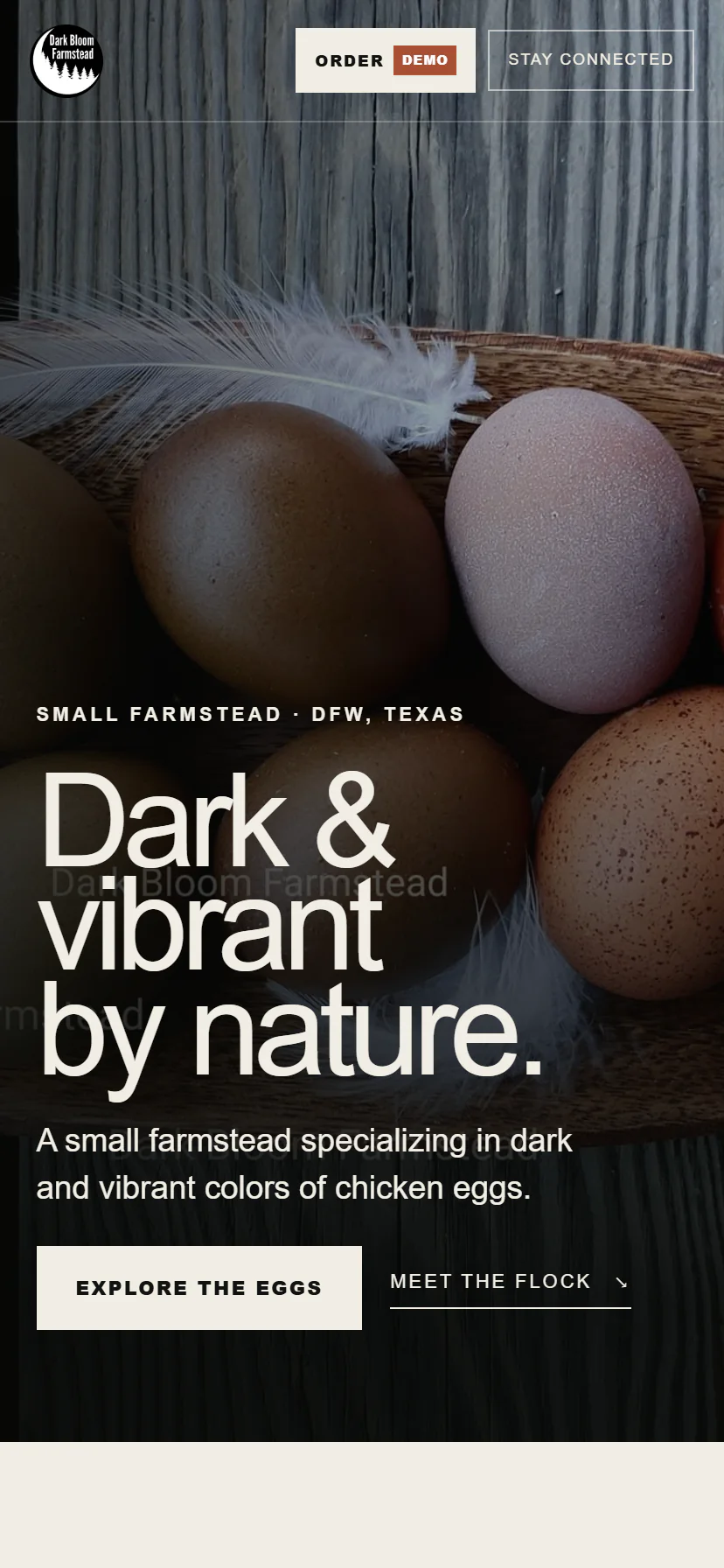 Current Dark Bloom Farmstead homepage displayed in a mobile viewport