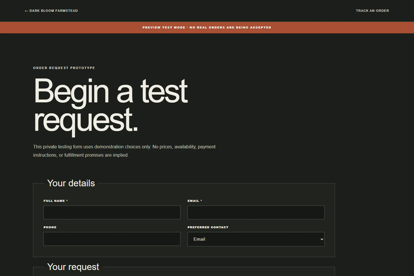 Dark Bloom test-only order request experience clearly labeled as a preview that accepts no payments