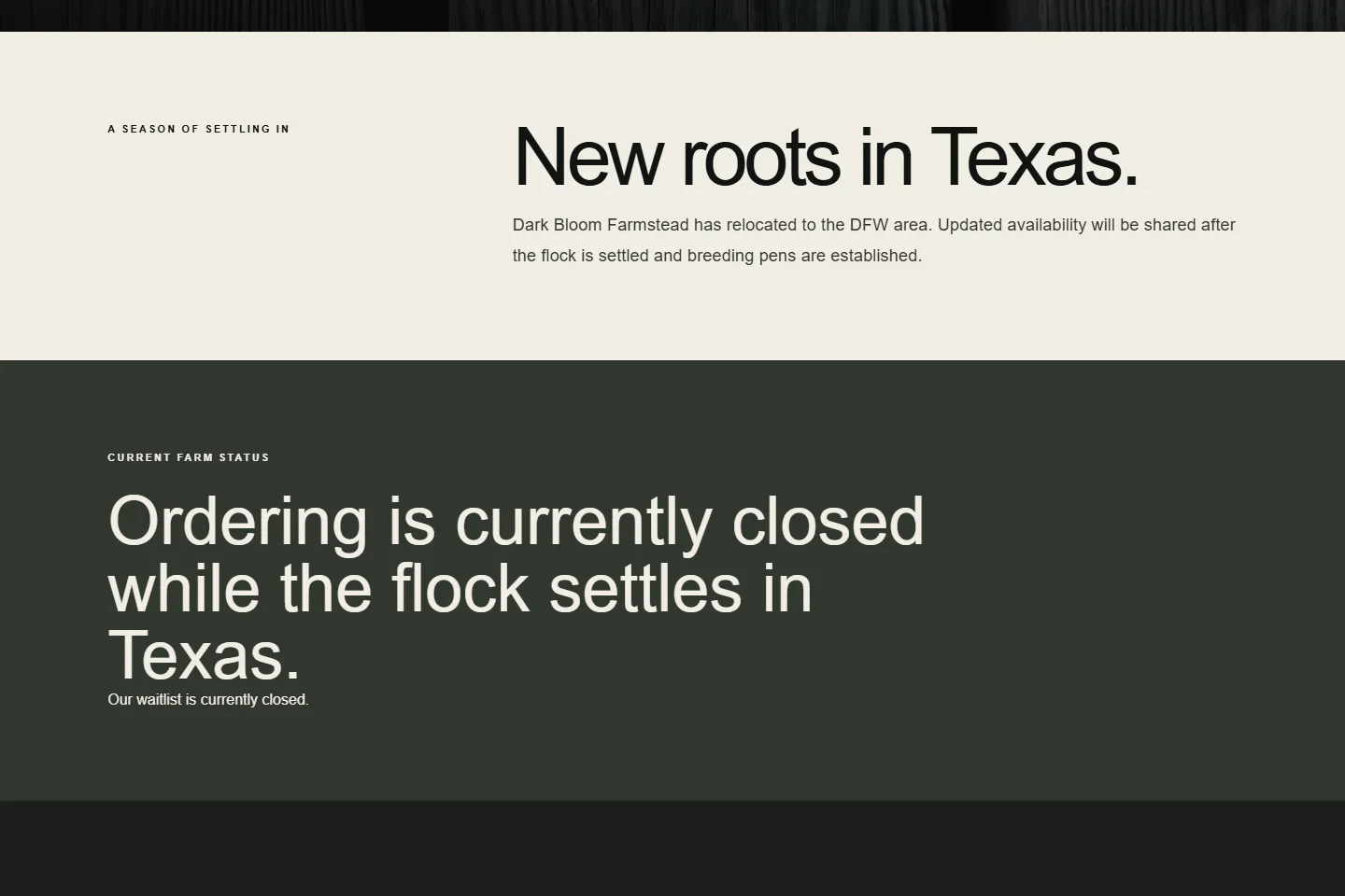 Current Dark Bloom public page stating that ordering is closed while the flock settles in Texas