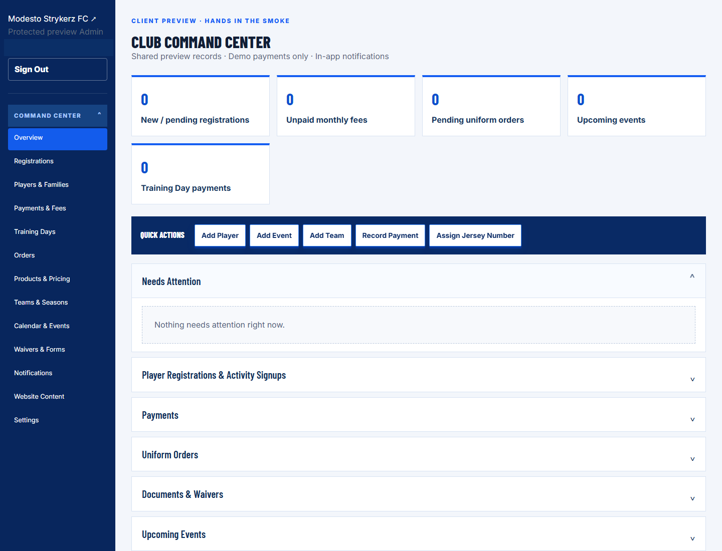 Privacy-safe pre-launch view of the Modesto Strykerz FC Command Center overview