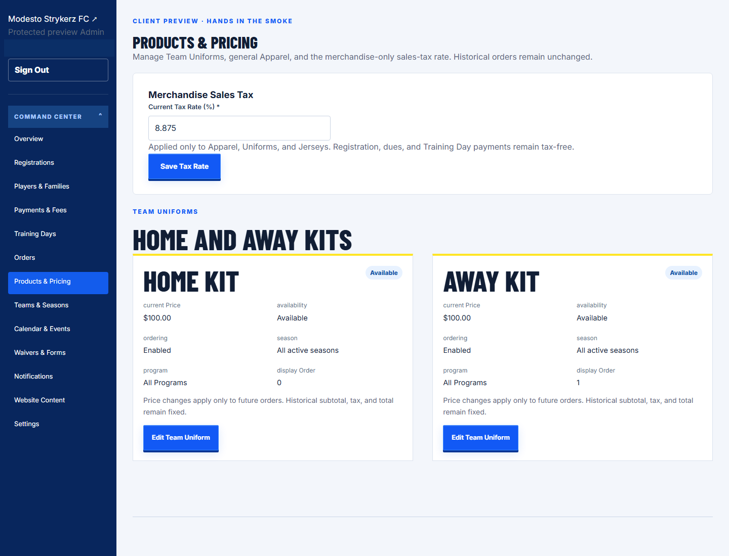 Privacy-safe pre-launch view of Strykerz Products and Pricing controls
