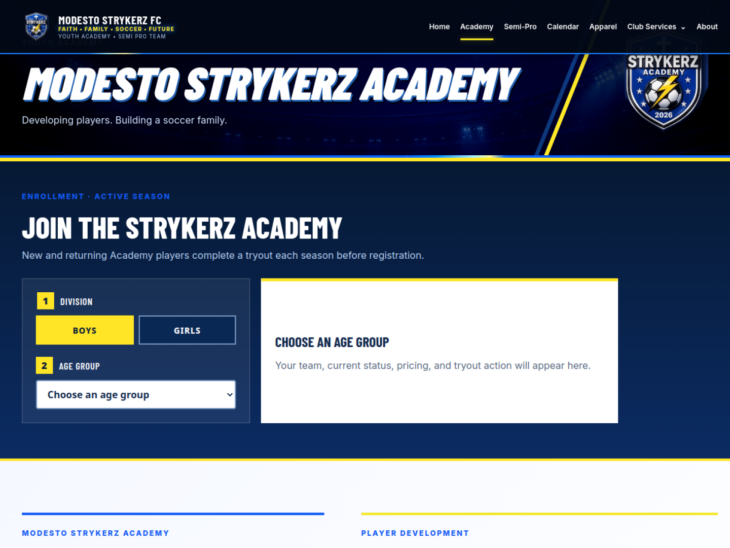 Live Modesto Strykerz Academy page with division and age-group selection