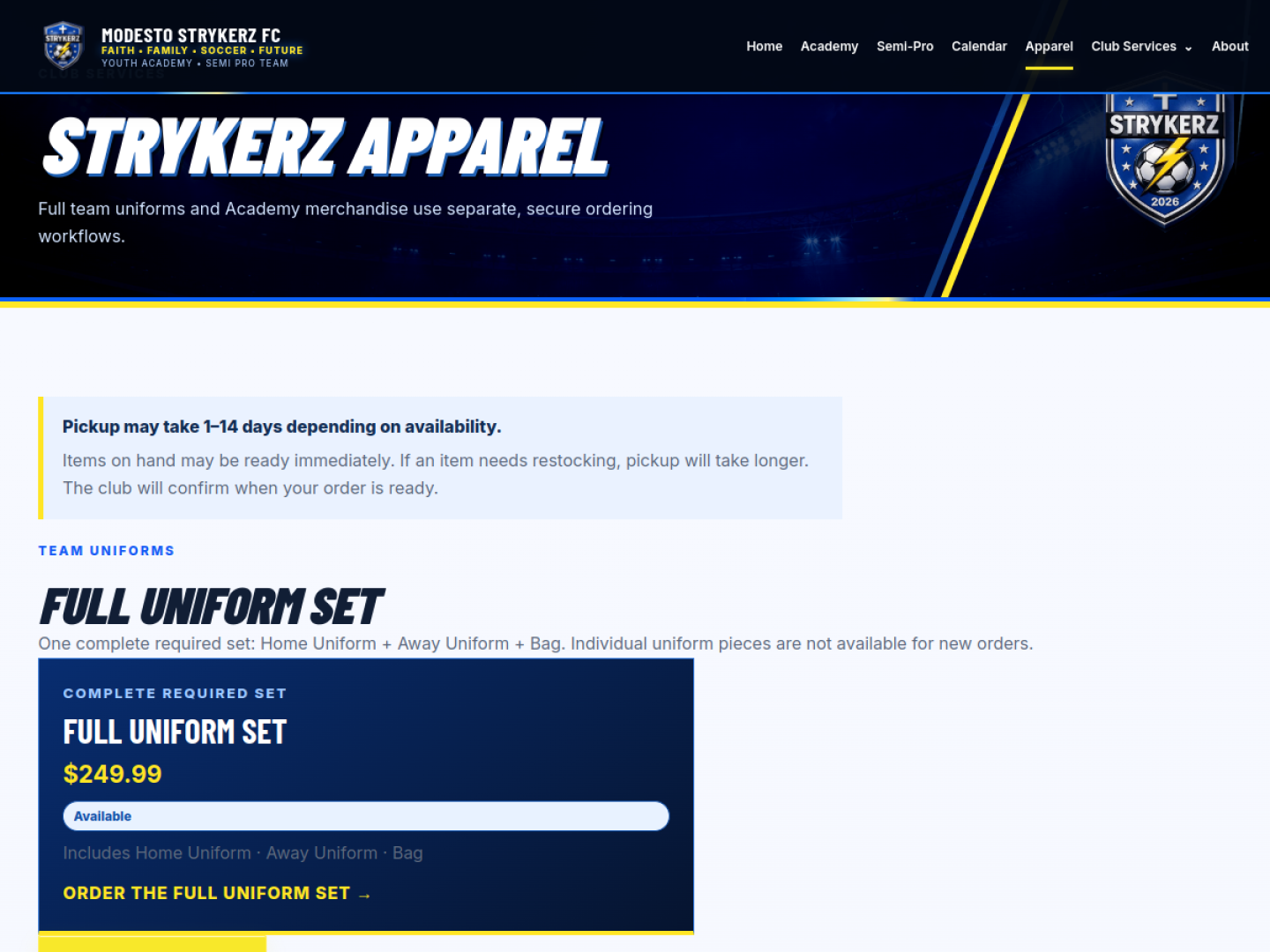 Live Modesto Strykerz FC apparel page showing the full uniform set