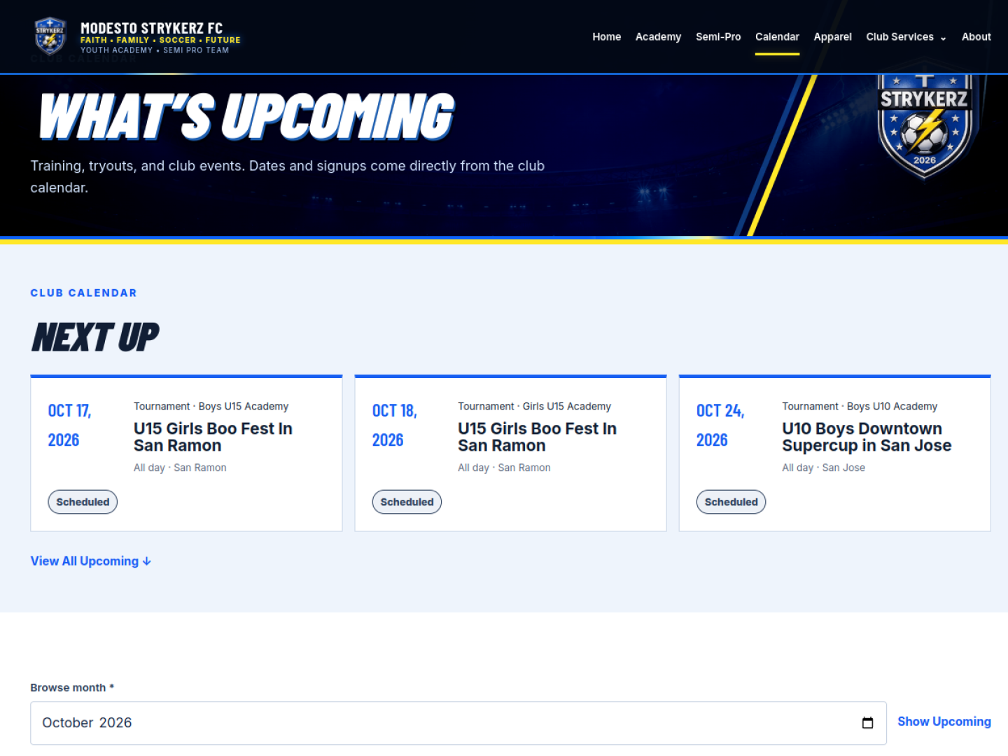Live Modesto Strykerz FC calendar showing public upcoming club events