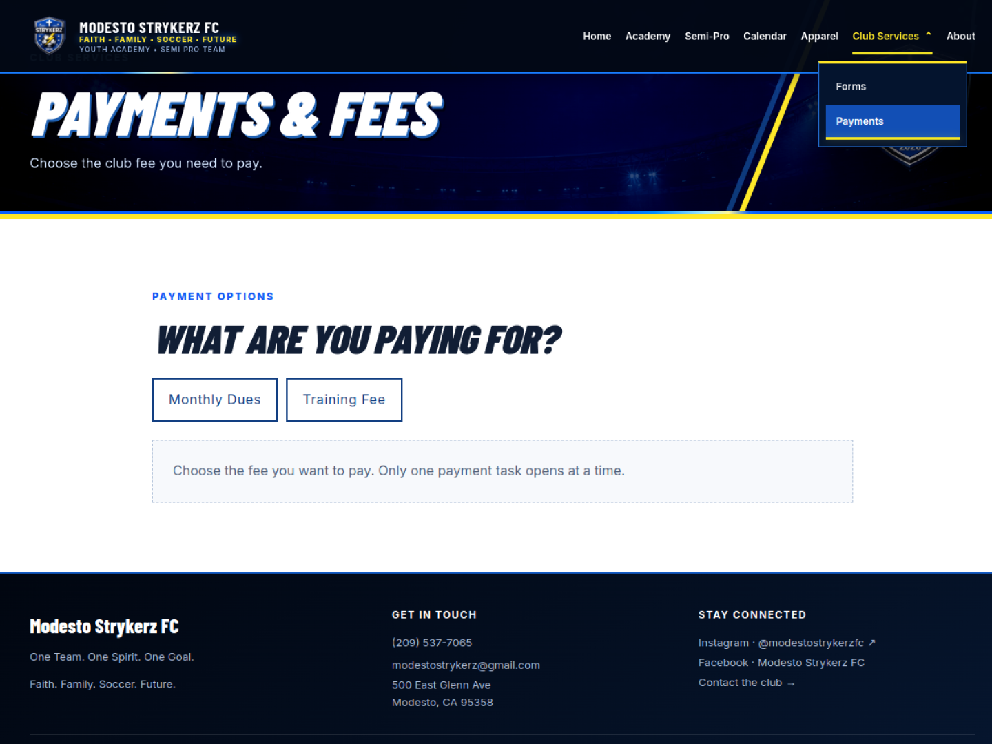 Live Modesto Strykerz FC Payments and Fees page