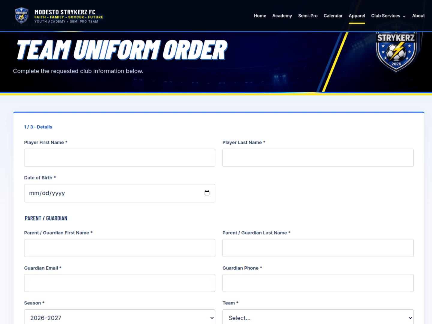 Live Modesto Strykerz FC uniform order form with empty personal-information fields